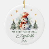 パーソナライズされたベビー初めてのクリスマス雪だるま セラミックオーナメント (裏面)