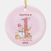 パーソナライズされたベビー初めてのクリスマス雪だるま セラミックオーナメント (正面)