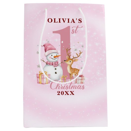 パーソナライズされたベビー初めてのクリスマス雪だるま ミディアムペーパーバッグ (正面)