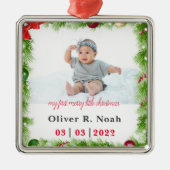 パーソナライズされたベビー初めてのクリスマス メタルオーナメント (正面)