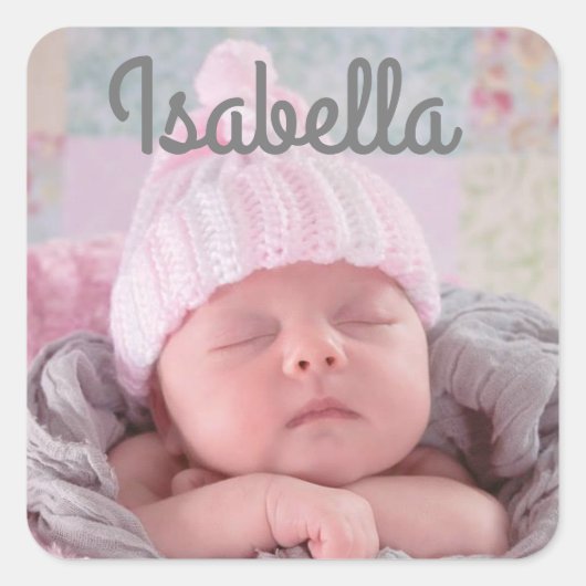 パーソナライズされたベビー名と写真 スクエアシール (正面)