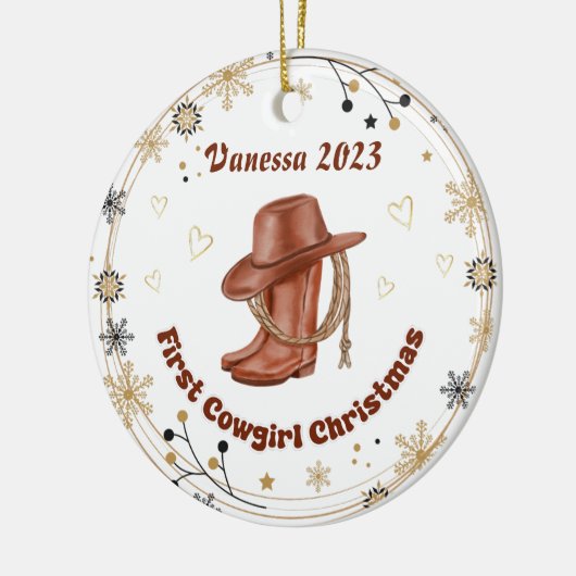 パーソナライズされたベビー女性のカーボーイ初めてのクリスマス セラミックオーナメント (左)