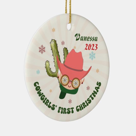 パーソナライズされたベビー女性のカーボーイ初めてのクリスマス セラミックオーナメント (右)