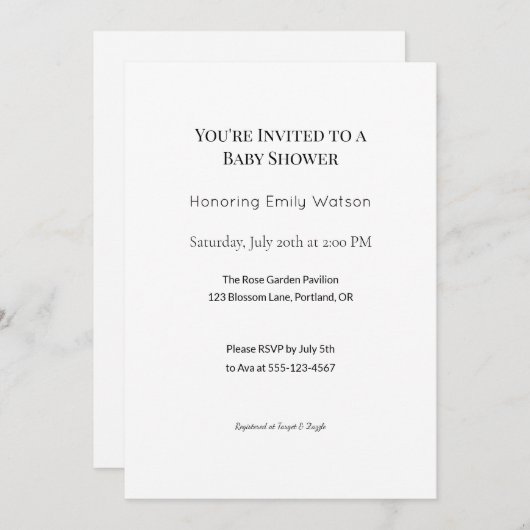 パーソナライズされたベビー散水またはシャワーデザイン 招待状 (正面/裏面)