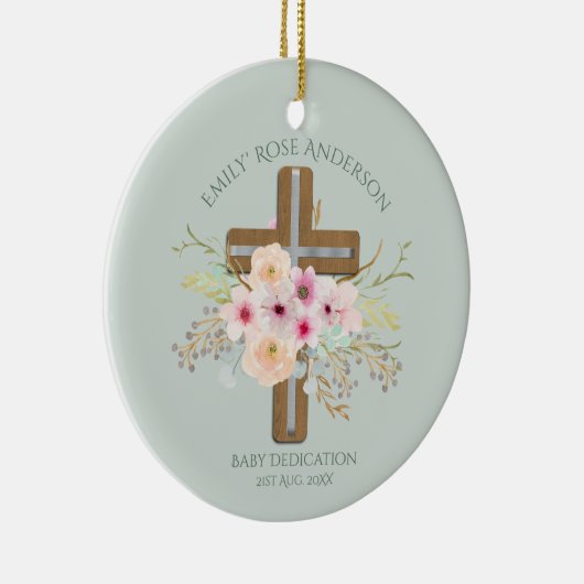 パーソナライズされたベビー献身フローラクロス セラミックオーナメント (右)