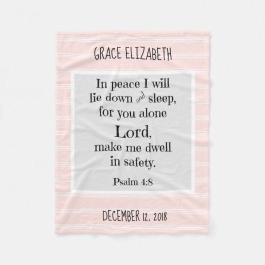 パーソナライズされたベビー、w夜間祈りの言葉（詩篇4章8節） フリースブランケット (正面)