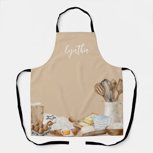 パーソナライズされたベーキングツール、カーキ、ホワイト、ブルー エプロン (正面)