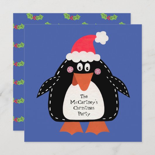 パーソナライズされたペンギンのクリスマスパーティー招待状 (正面/裏面)