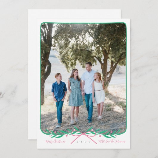 パーソナライズされたホリデーリース（ピンクバウ） シーズンカード (正面/裏面)