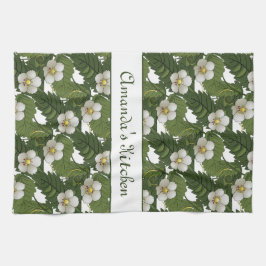 パーソナライズされたホワイト フラワー キッチンタオル