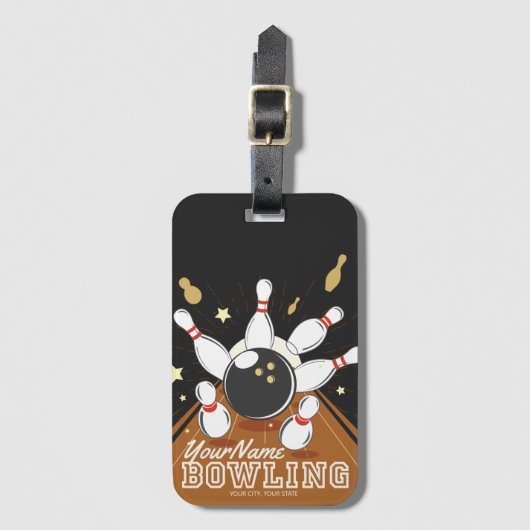 パーソナライズされたボウリングをする人、 クリケットの投手ストライクボーリングレーンのボールピン ラゲッジタグ (正面縦)