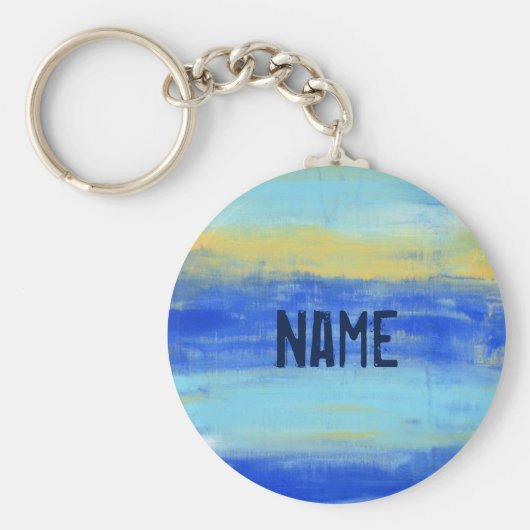 パーソナライズされたボタンキーチェーン「At theビーチ」青 キーホルダー (正面)