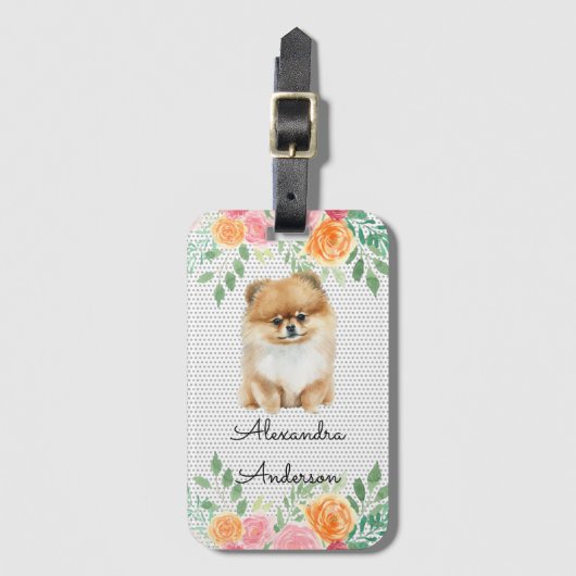 パーソナライズされたポメラニア犬フローラ名前をカスタムする ラゲッジタグ (正面縦)