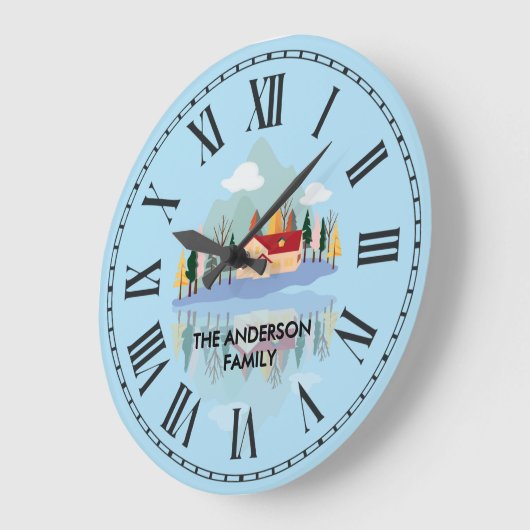 パーソナライズされたマウンテンレイクファミリー自然シーン ラージ壁時計 (傾斜)