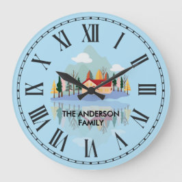 パーソナライズされたマウンテンレイクファミリー自然シーン ラージ壁時計