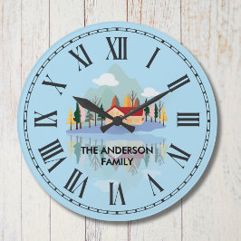 パーソナライズされたマウンテンレイクファミリー自然シーン ラージ壁時計