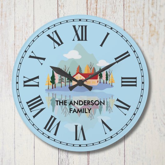 パーソナライズされたマウンテンレイクファミリー自然シーン ラージ壁時計