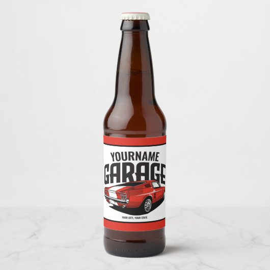 パーソナライズされたマッスルカー1967レッドファストバックガレージ ビールラベル (正面)