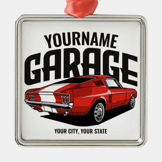 パーソナライズされたマッスルカー1967レッドファストバックガレージ メタルオーナメント (正面)
