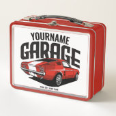 パーソナライズされたマッスルカー1967レッドファストバックガレージ メタルランチボックス (正面)
