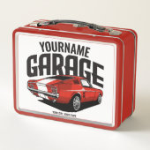 パーソナライズされたマッスルカー1967レッドファストバックガレージ メタルランチボックス (裏面)