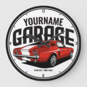 パーソナライズされたマッスルカー1967レッドファストバックガレージ ラージ壁時計 (正面)