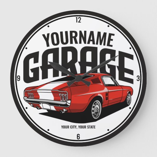 パーソナライズされたマッスルカー1967レッドファストバックガレージ ラージ壁時計 (正面)