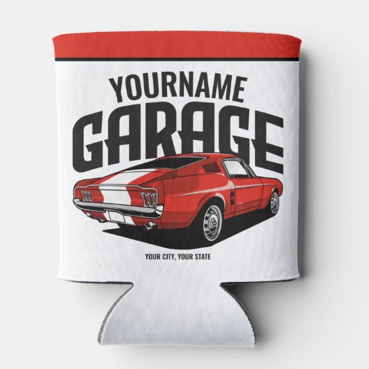 パーソナライズされたマッスルカー1967レッドファストバックガレージ 缶クーラー (裏面)