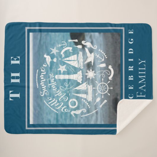 パーソナライズされたマリンテーマハローサマーアドベンチャー シェルパブランケット (正面(横))