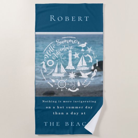 パーソナライズされたマリンテーマハローサマーアドベンチャー ビーチタオル (正面)