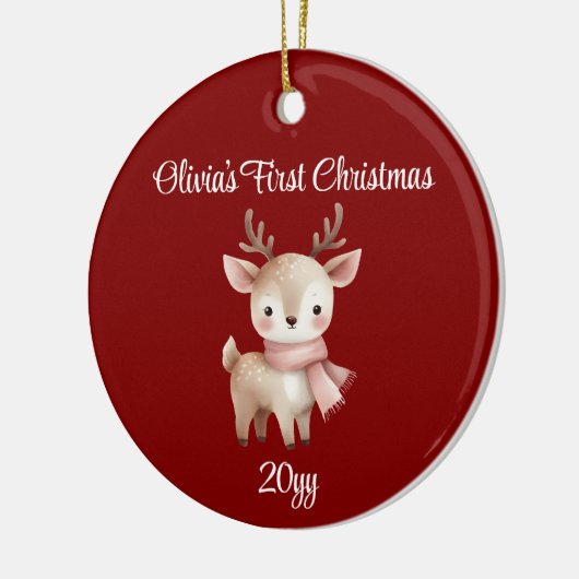 パーソナライズされたマルーンディアベビーガール初めてのクリスマス セラミックオーナメント (左)