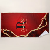 パーソナライズされたマルーンレッド金ゴールドブラックスタイリッシュアゲート ビーチタオル (正面)