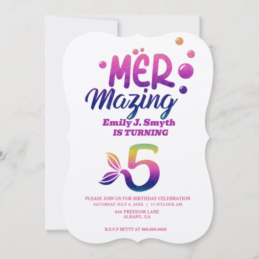 パーソナライズされたマーメイド誕生日招待状- ユニーク 招待状 (正面)