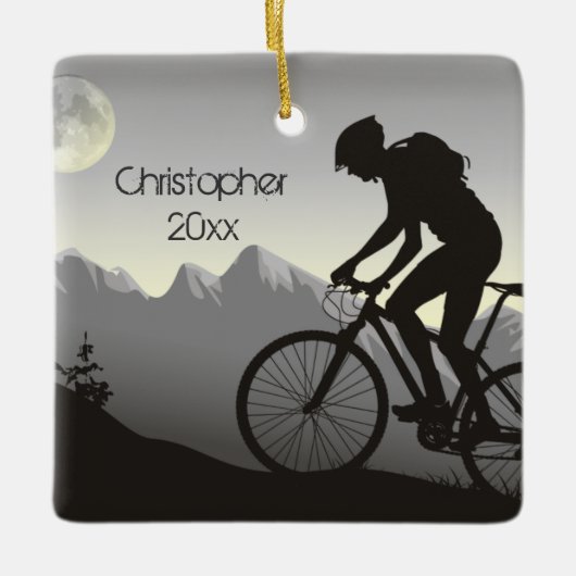 パーソナライズされたムーンクリスマスのマウンテンバイクサイクリング セラミックオーナメント (正面)