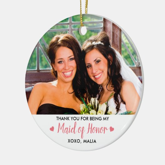 パーソナライズされたメイド・オブ・オーナー（花嫁付き添い人）写真キープサケ セラミックオーナメント (左)