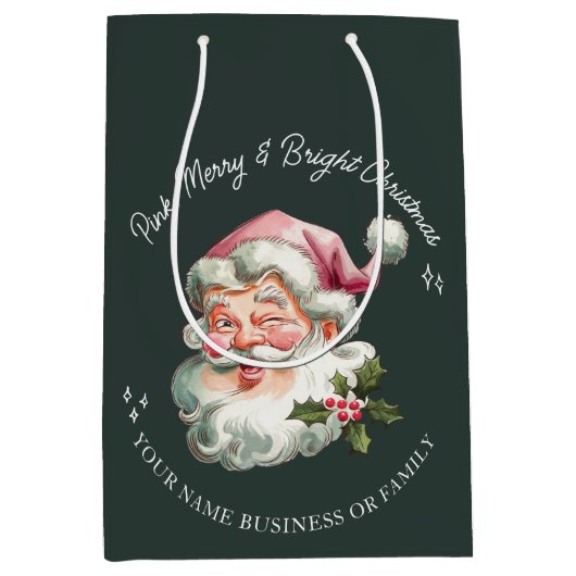 パーソナライズされたメリー ピンク クリスマス サンタ レトロ ミディアムペーパーバッグ (正面)