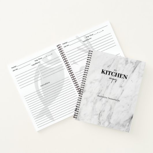 パーソナライズされたモダンな白大理石キッチンレシピ帳 ノートブック (内部)