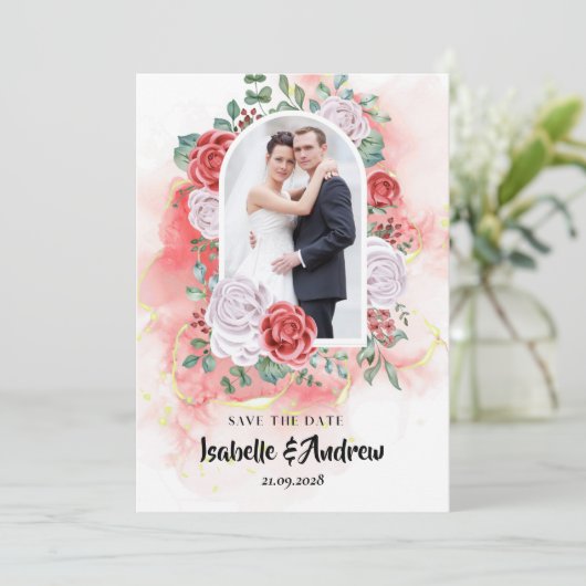 パーソナライズされたモダンクラシックエレガントなウェディング写真 セーブザデート (スタンド正面)