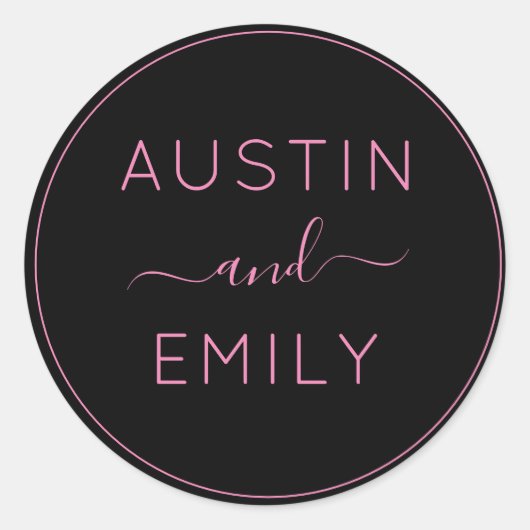 パーソナライズされたモダンピンク結婚ブラック ラウンドシール (正面)
