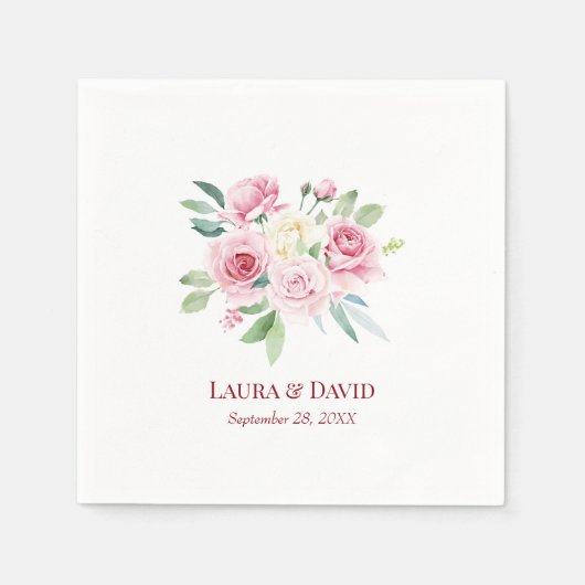 パーソナライズされたモダンフローラ結婚バラ紙 スタンダードカクテルナプキン (正面)