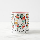 パーソナライズされたモダンママ フラワー キッズネームズ スクリプト ツートーンマグカップ (中央)