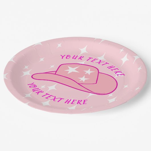 パーソナライズされたモダン女性のカーボーイ帽子スターバストピンク ペーパープレート (アングル)