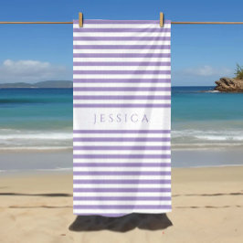 パーソナライズされたモダン紫ストライプの模様 ビーチタオル