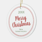 パーソナライズされたモダン聖降誕祭点々のある縁ど セラミックオーナメント (左)