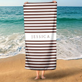パーソナライズされたモダン茶ストライプの模様 ビーチタオル