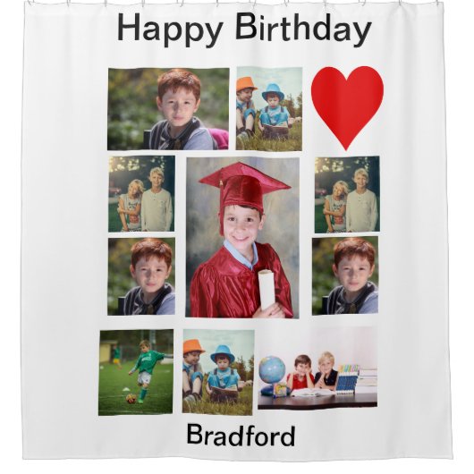 パーソナライズされたモダン誕生日11フォトコラージュ シャワーカーテン (正面)