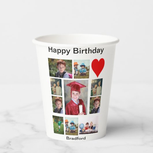 パーソナライズされたモダン誕生日11フォトコラージュ 紙コップ (正面)