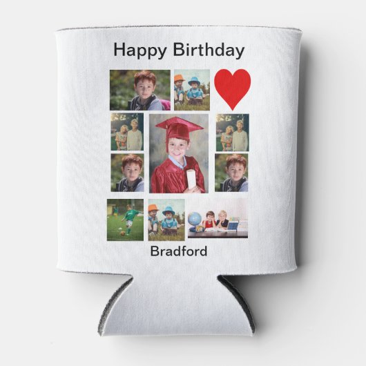 パーソナライズされたモダン誕生日11フォトコラージュ 缶クーラー (正面)
