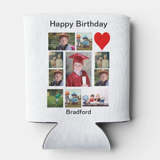 パーソナライズされたモダン誕生日11フォトコラージュ 缶クーラー (裏面)