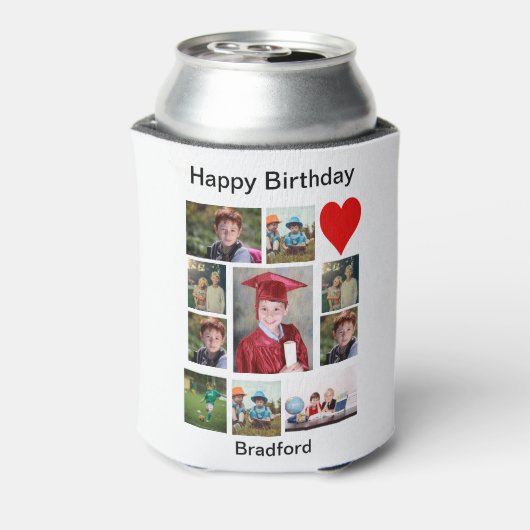 パーソナライズされたモダン誕生日11フォトコラージュ 缶クーラー (缶裏面)